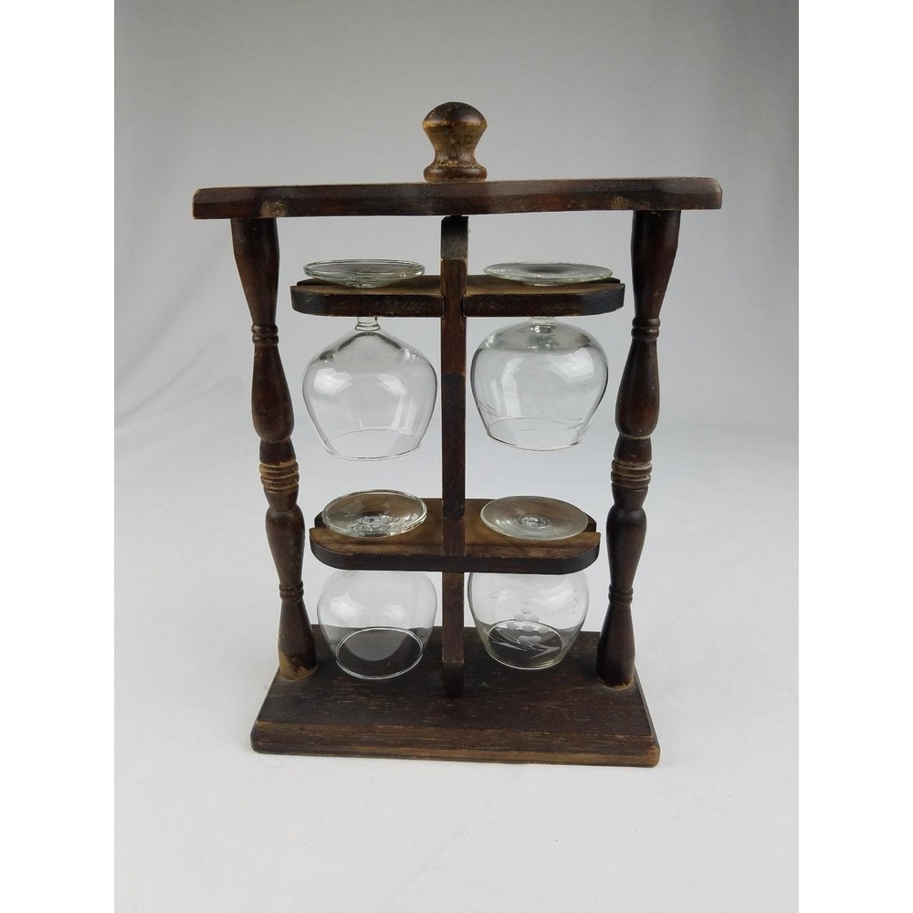 Vtg 4 wine cups wood holder rotating man cave barware mid century oenophilia